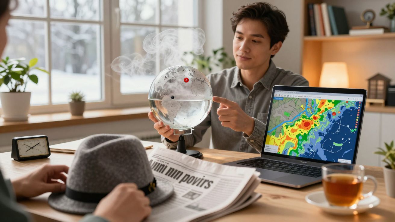 Homem aponta para um globo terrestre na mesa, com portátil exibindo mapa meteorológico. Janela ao fundo.