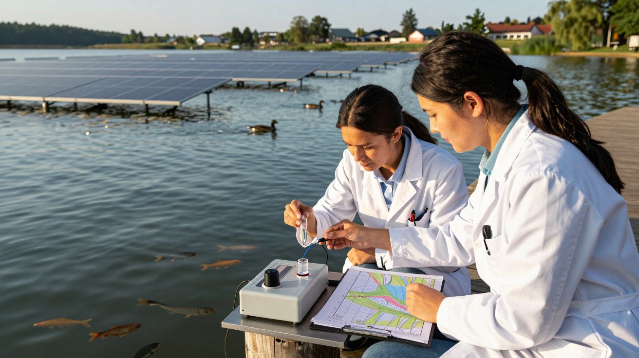 Duas cientistas analisam amostra de água num lago com painéis solares flutuantes ao fundo.