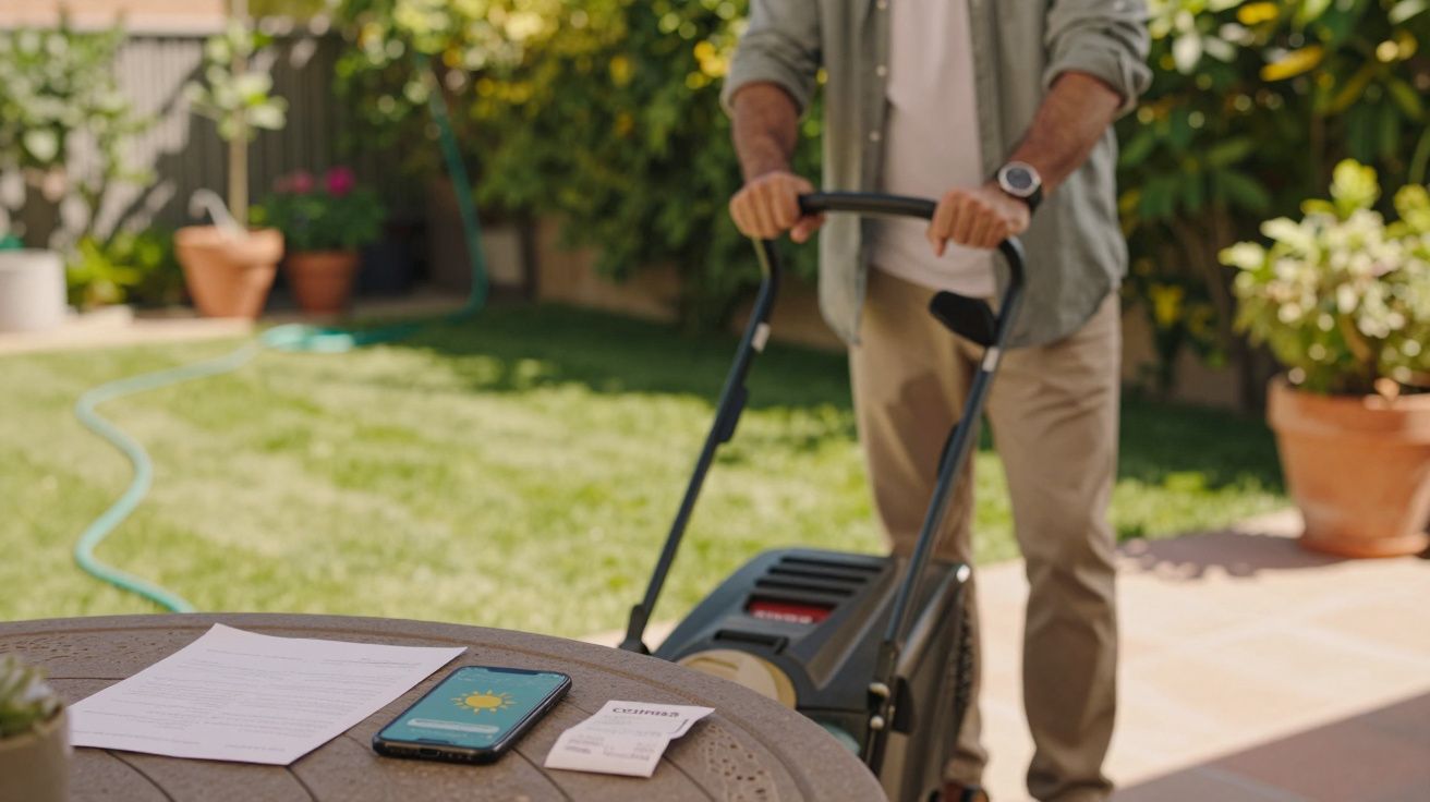 Homem a cortar relva num jardim, com documentos e smartphone numa mesa ao fundo.