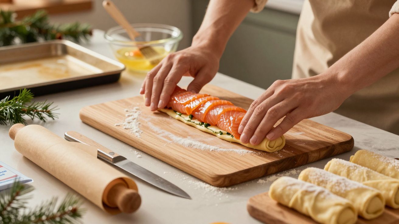 Pessoa enrola massa folhada com salmão e espinafres numa tábua de cozinha, perto de uma faca e rolo da massa.