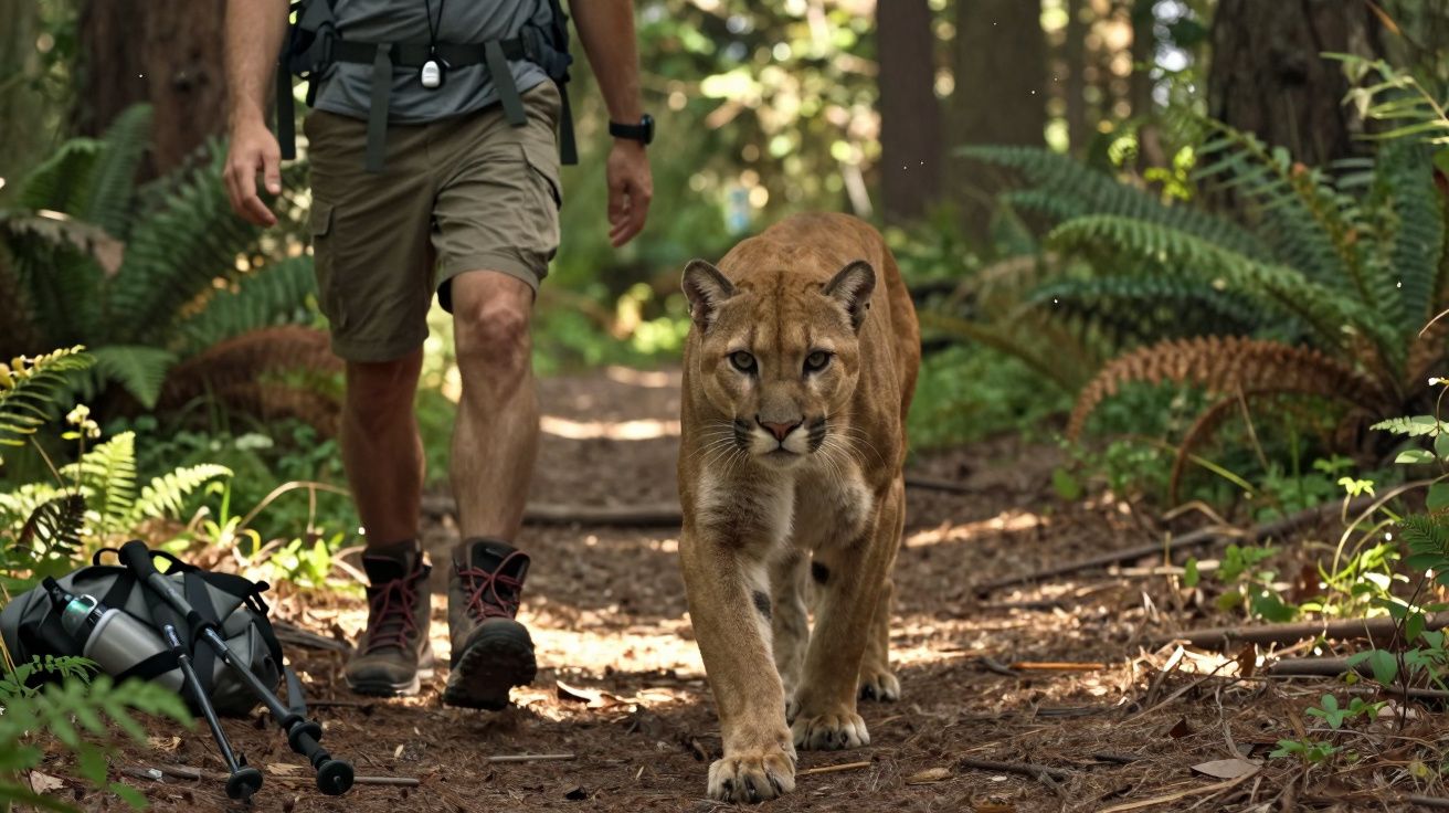 Puma caminha ao lado de uma pessoa em trilha de floresta, cercada por samambaias e árvores altas.