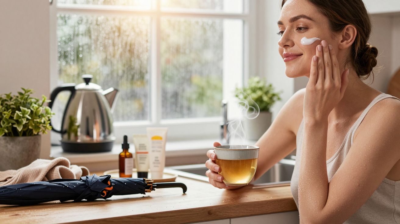Mulher aplica creme no rosto enquanto segura uma chávena de chá numa cozinha acolhedora, com chuva visível pela janela.