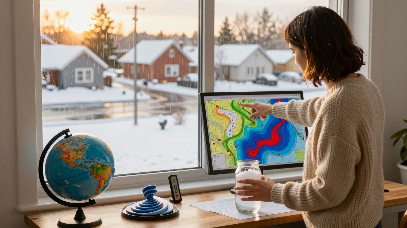 Mulher analisa mapa meteorológico no computador, segurando jarra de água, com globo e nevão ao fundo pela janela.