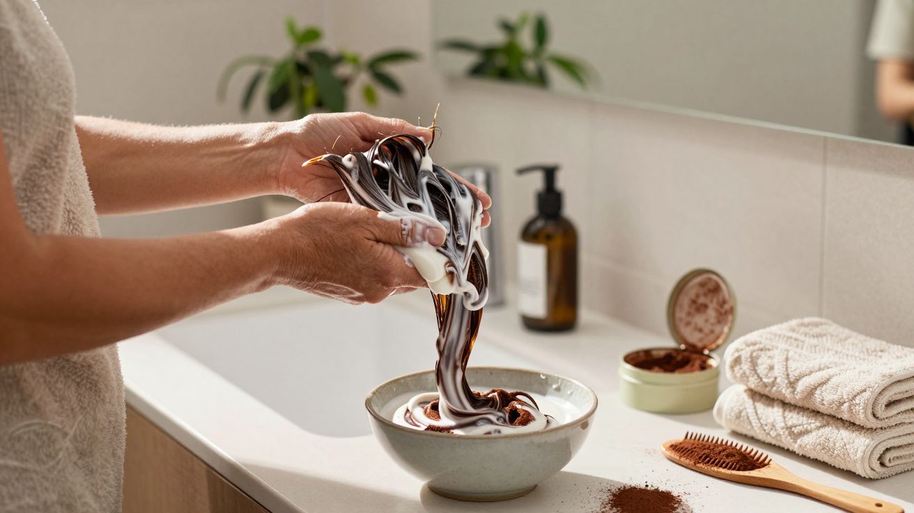 Pessoa prepara mistura de creme branco e castanho numa taça, em casa de banho com toalhas e pente ao lado.