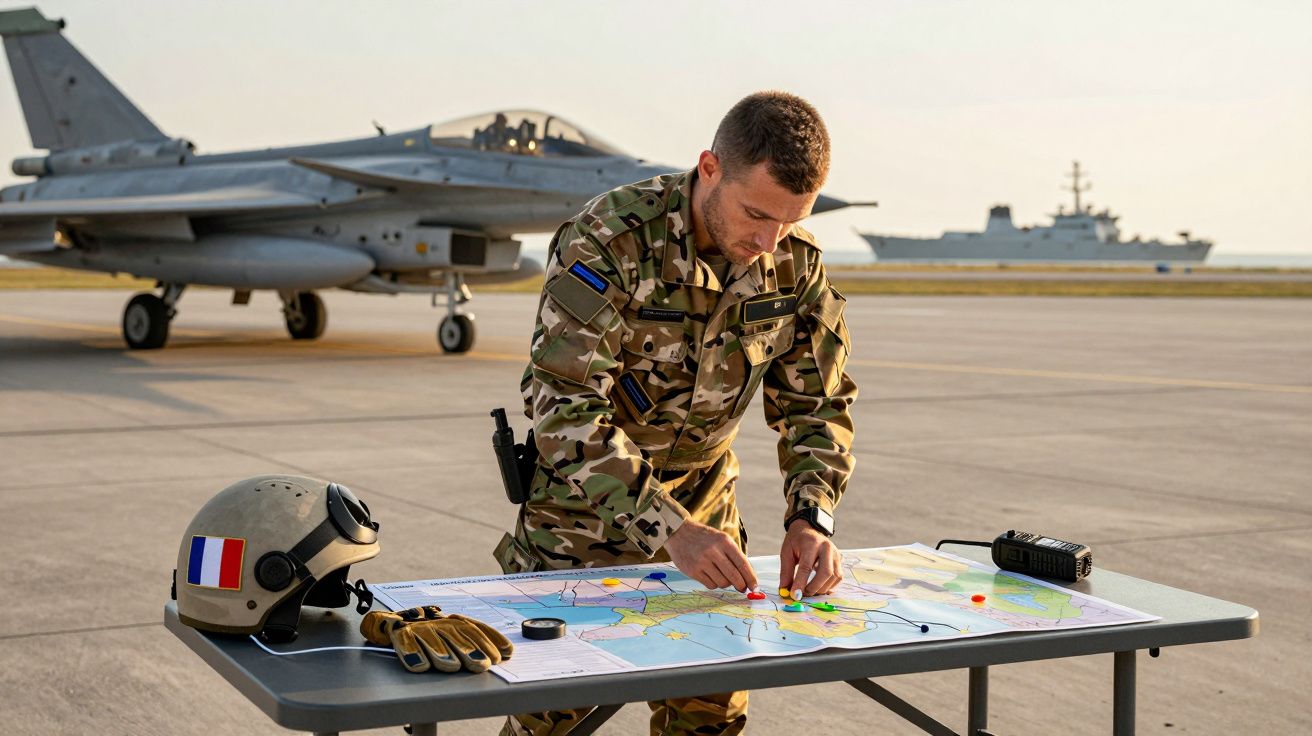 Militar analisa mapa em mesa ao lado de caça a jato e navio ao fundo, em base aérea.