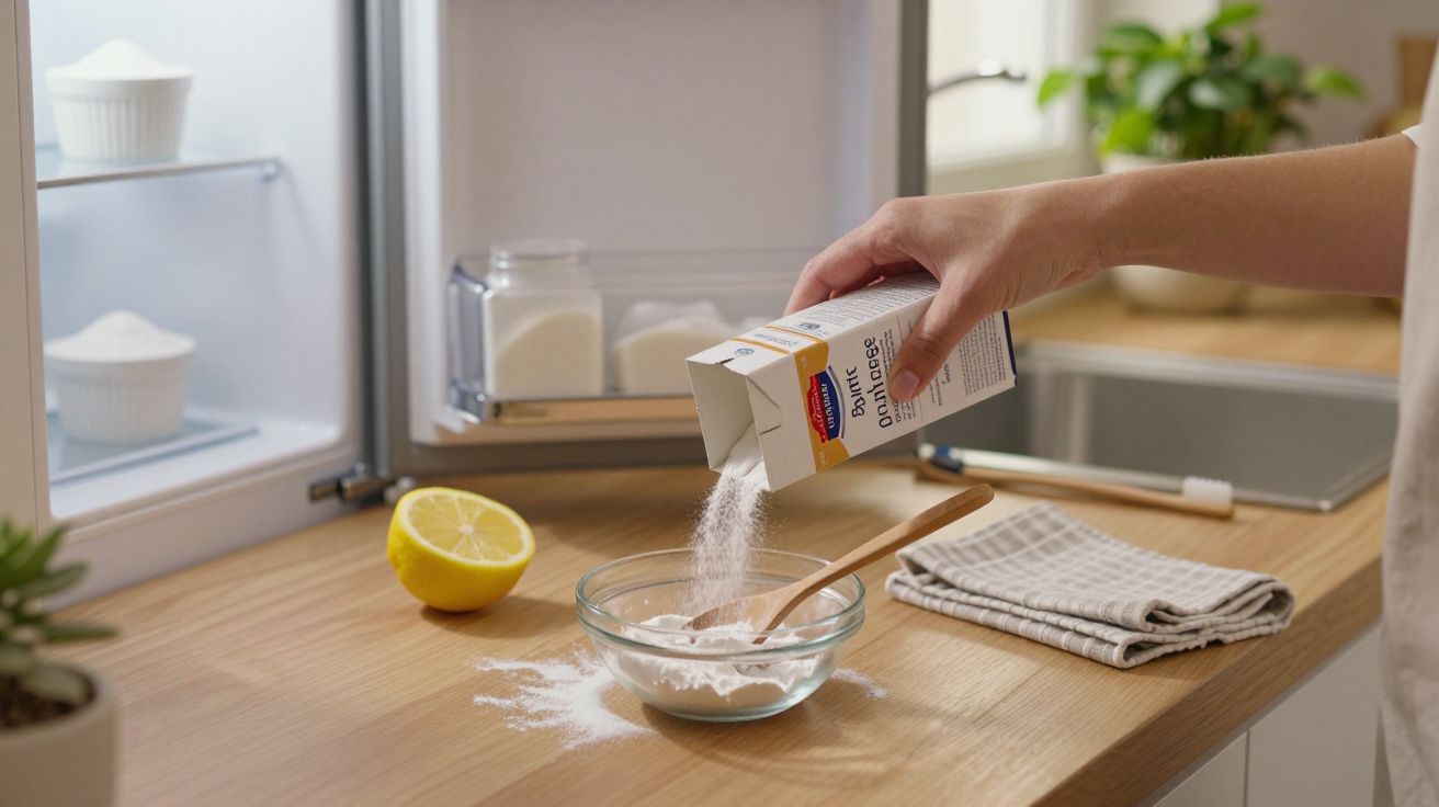 Mão despeja bicarbonato de sódio em taça de vidro numa cozinha, com limão e pano ao lado.