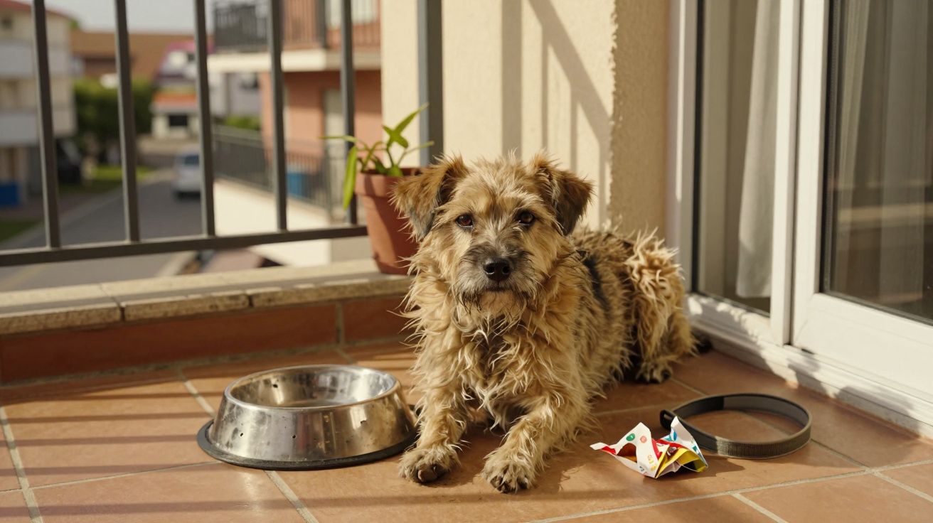 Cão peludo deitado numa varanda ao lado de uma tigela de água, planta em vaso e um brinquedo em forma de peixe.
