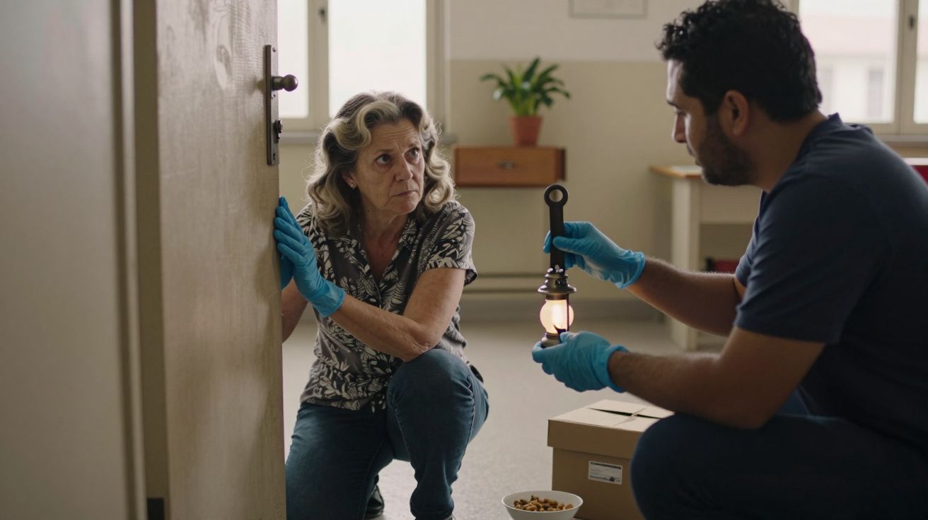 Mulher ajoelhada junto a uma porta, falando com homem segurando lanterna. Ambos usam luvas azuis.