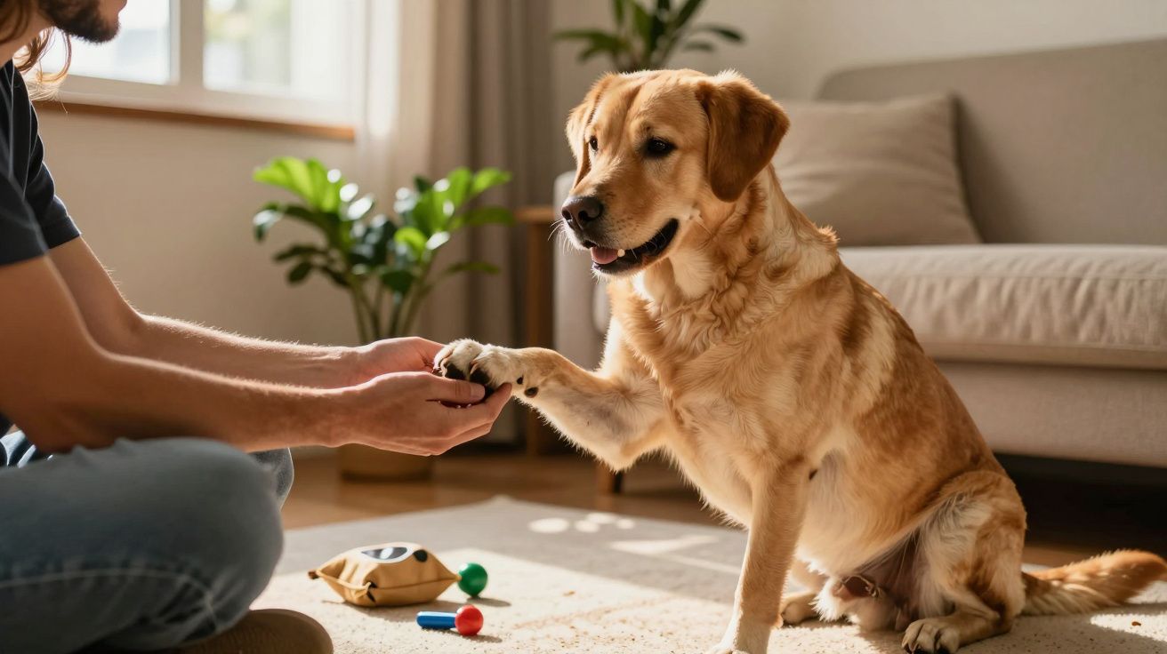 Cão dourado a dar a pata a uma pessoa num tapete claro, com brinquedos por perto e plantas ao fundo.