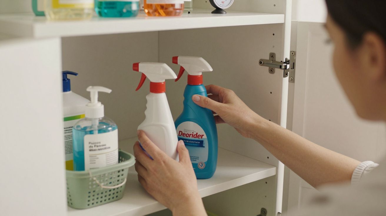 Pessoa organiza produtos de limpeza em prateleira de armário branco.