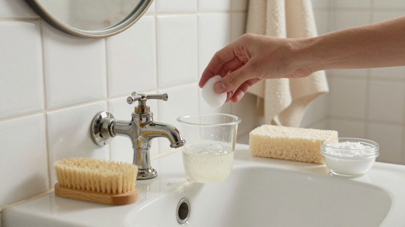 Mão colocando pastilha efervescente num copo de água junto a lavatório com escova e esponja.