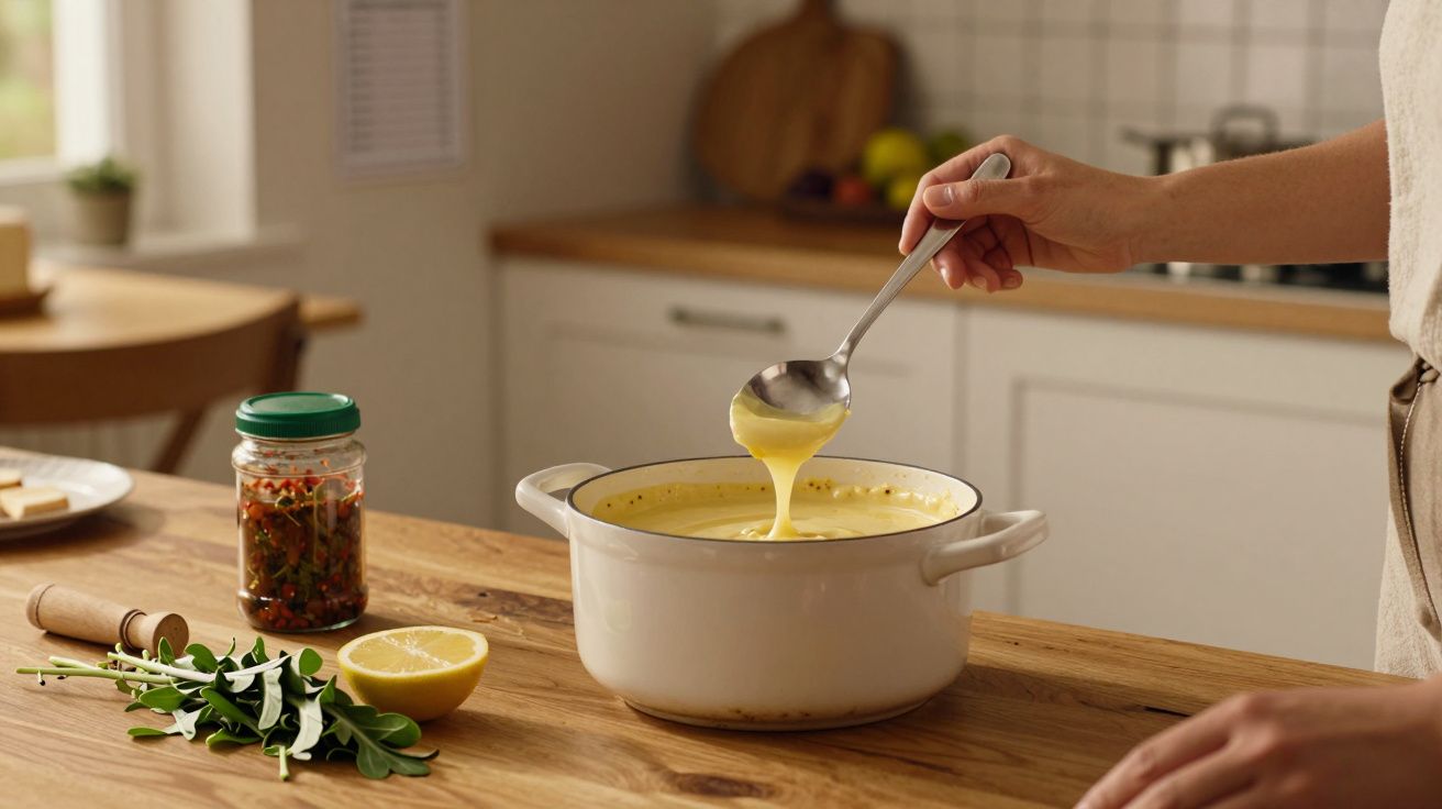 Pessoa serve sopa amarela de uma panela branca em cozinha, com limão e tempero ao lado.