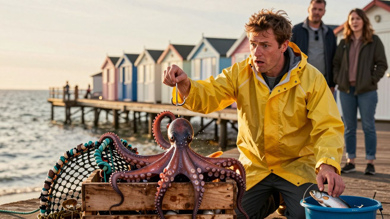 Homem de casaco amarelo segura um polvo numa doca, com casas coloridas ao fundo e pessoas a observarem.