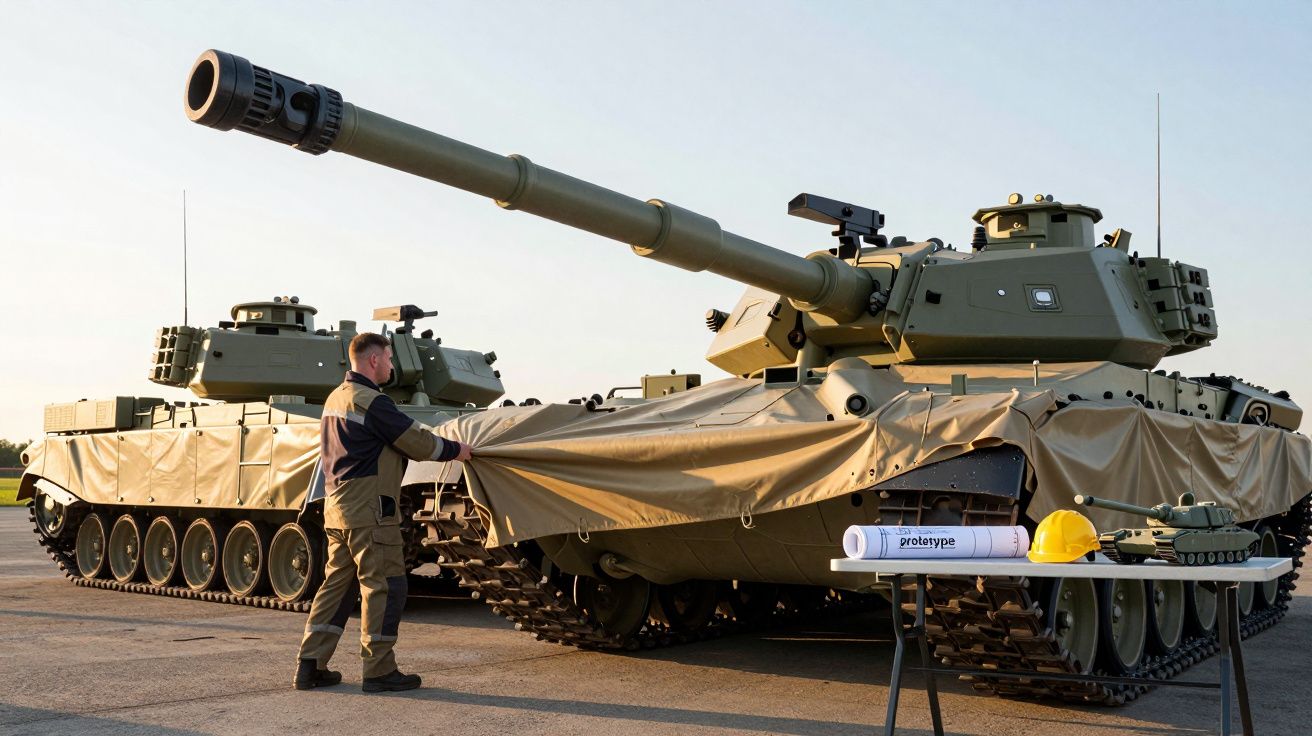 Homem descobre tanques militares cobertos ao lado de uma mesa com maquete e capacete.