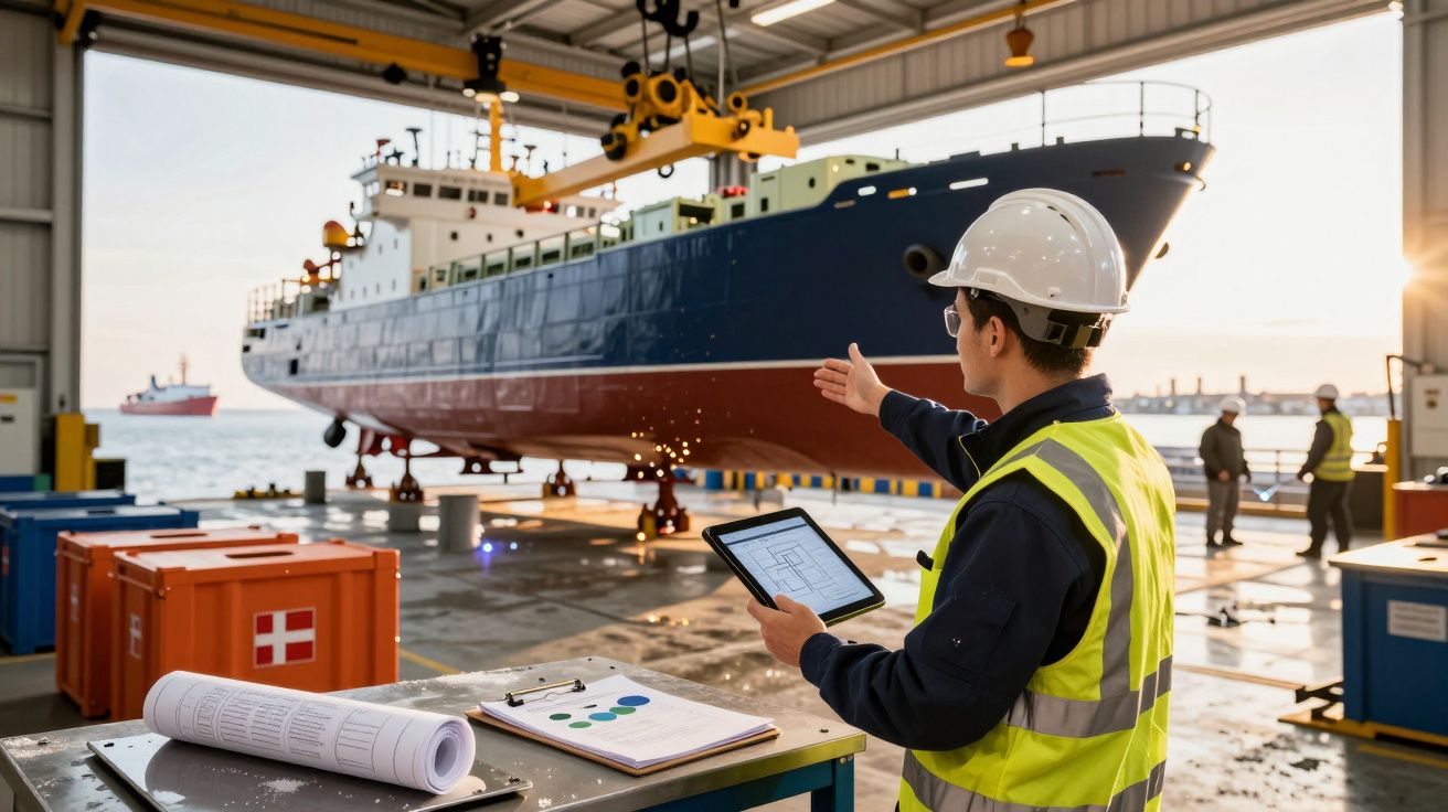 Engenheiro de capacete e colete refletor inspeciona navio dentro de doca, usando tablet para analisar dados.