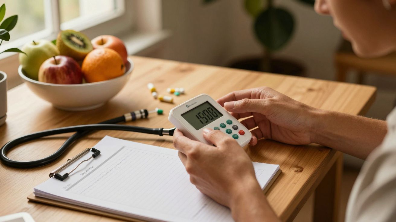 Pessoa segura um medidor de pressão arterial, com uma prancheta, fruta e comprimidos sobre uma mesa de madeira.