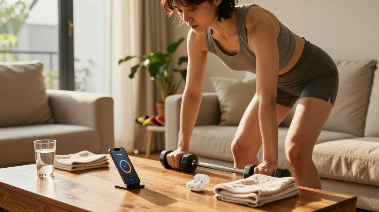 Mulher a fazer exercício com halteres em casa, com smartphone e auscultadores na mesa ao lado.