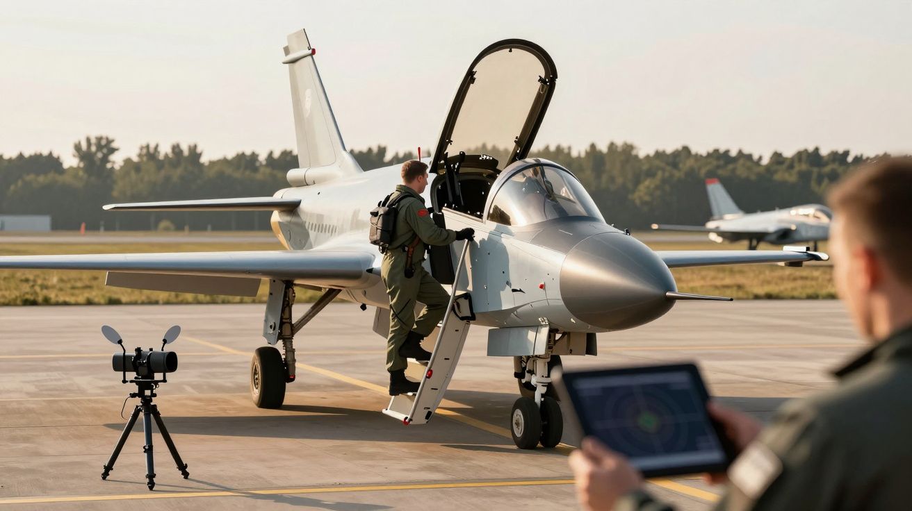 Piloto a subir num jato de combate estacionado na pista, com outro militar ao fundo observando um tablet.