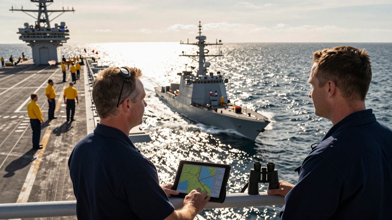 Dois marinheiros observam um navio em movimento no oceano a partir do convés de um porta-aviões.