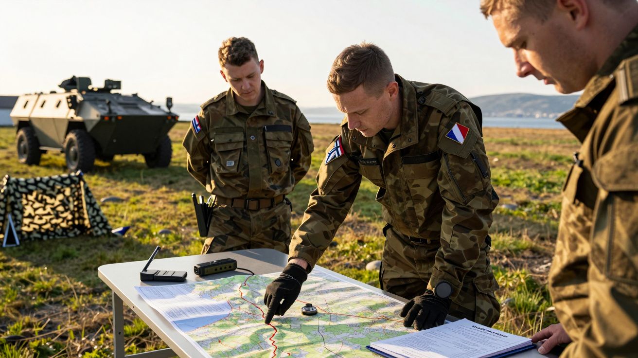 Três militares analisam um mapa numa mesa ao ar livre, com um veículo blindado ao fundo.