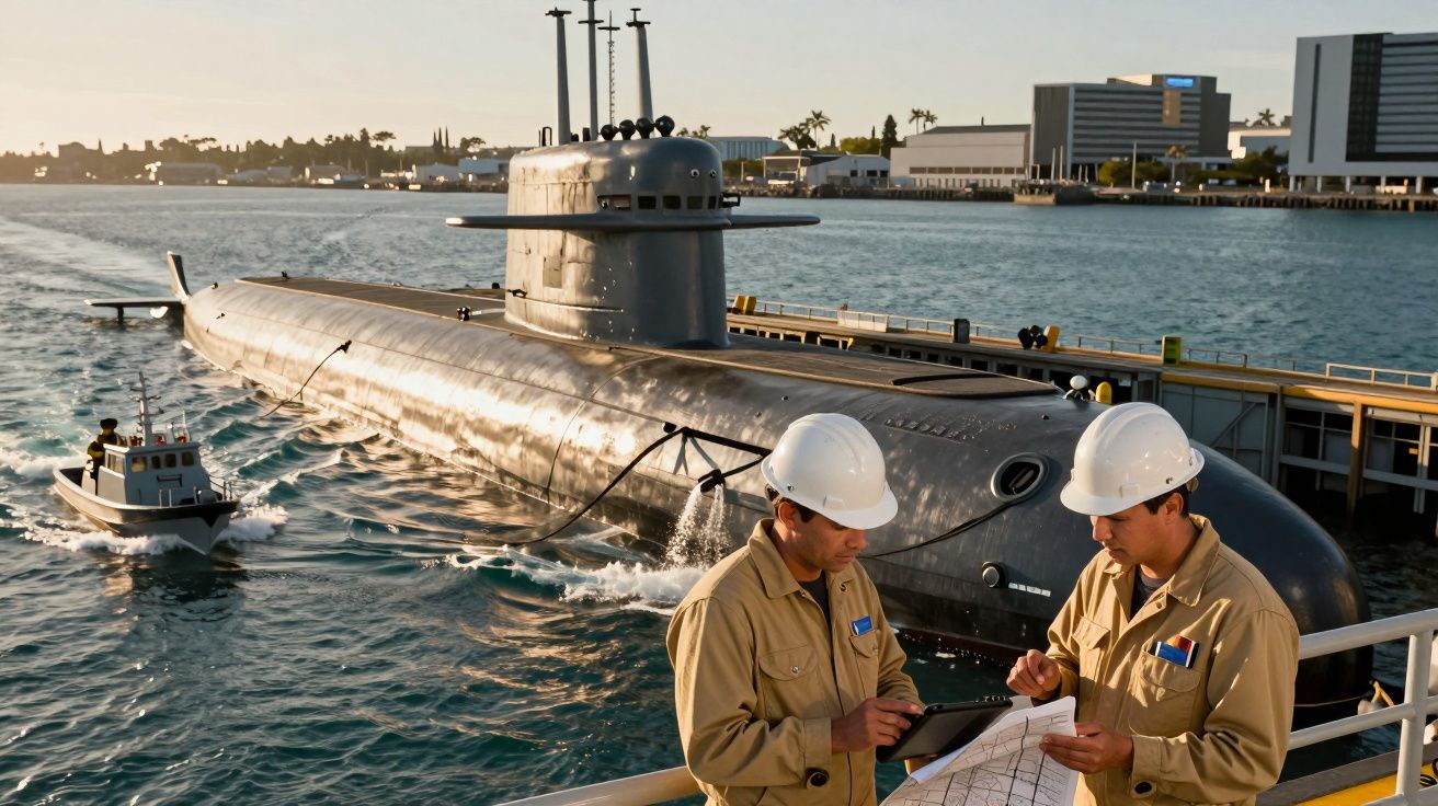 Dois engenheiros inspecionam um submarino cinzento atracado, usando capacetes e uniformes, com um barco ao fundo.