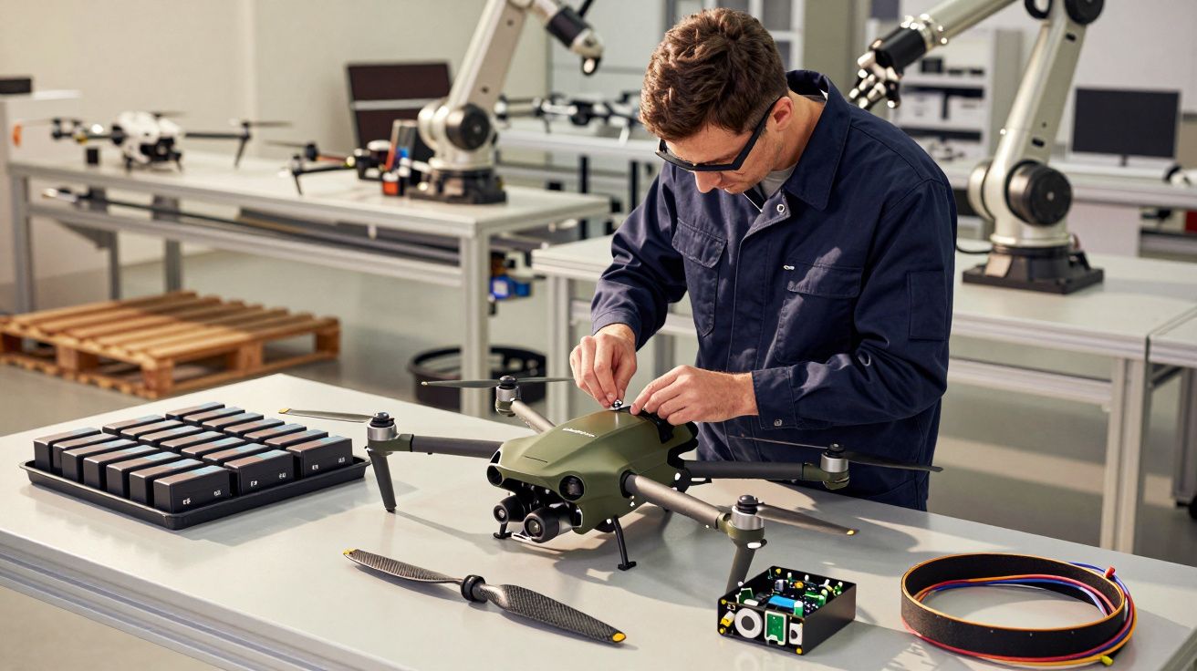 Homem trabalha num drone numa oficina equipada com robôs e peças eletrónicas em uma mesa de trabalho.