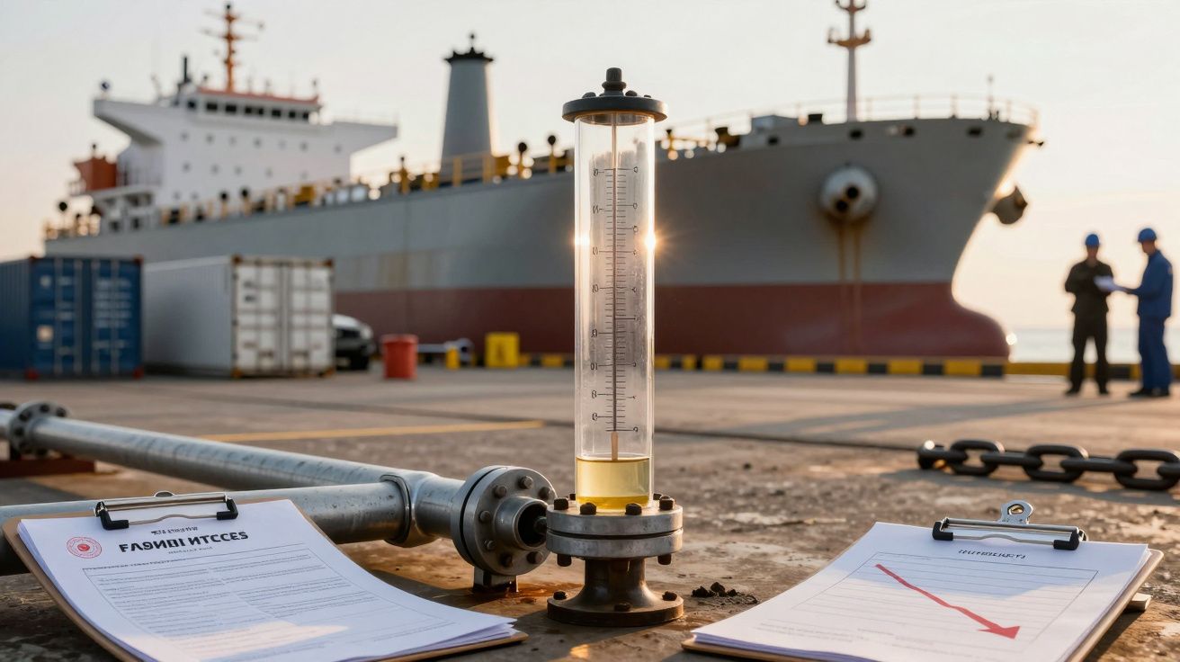 Navio ancorado no porto, com medidor de combustível e documentos sobre a doca. Duas pessoas ao fundo.