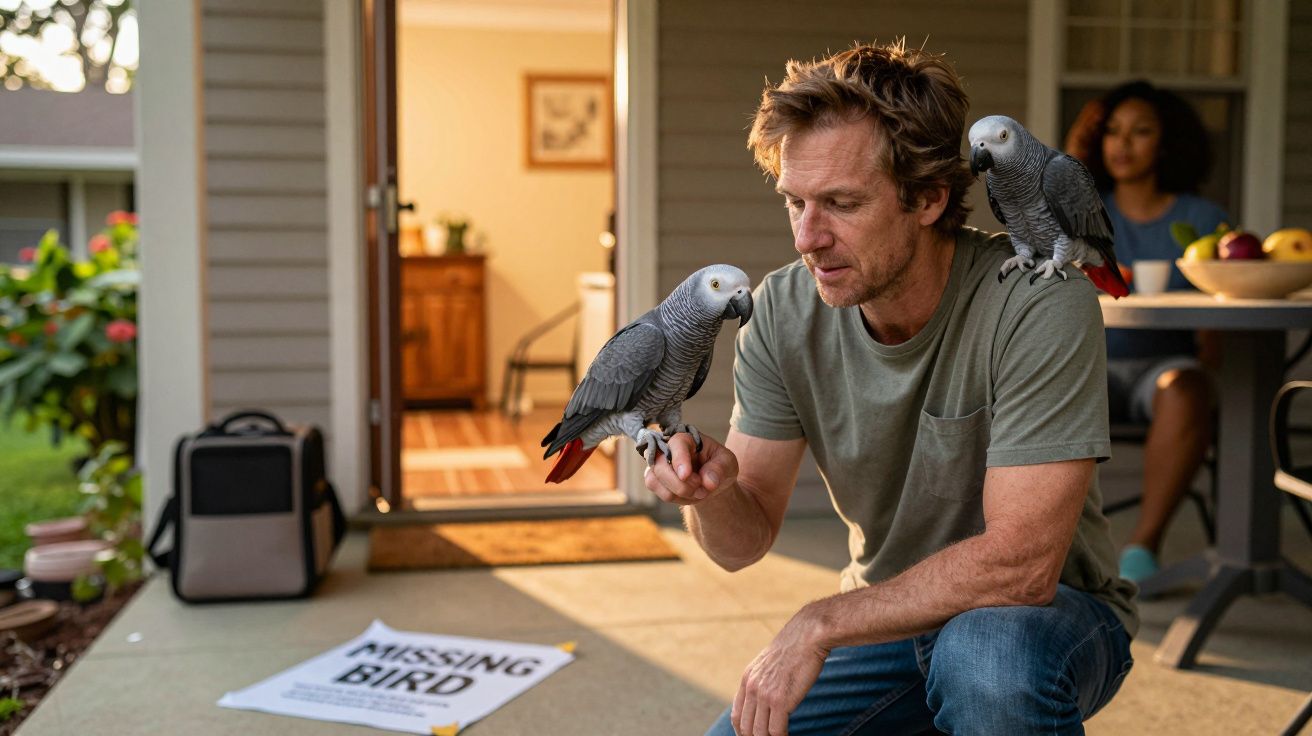 Homem ajoelhado com dois papagaios cinza nos ombros, cartaz "pássaro desaparecido" no chão, mulher ao fundo.