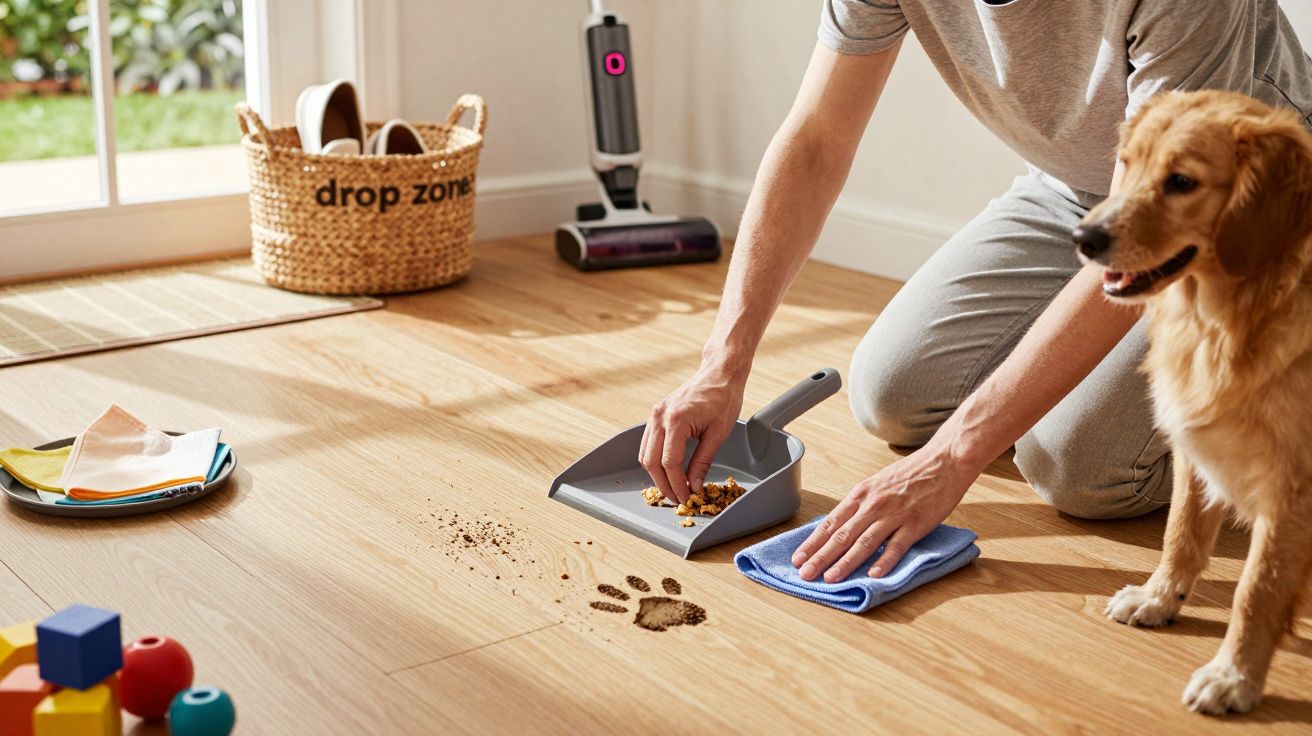 Pessoa a limpar pegadas e migalhas no chão de madeira, com cachorro ao lado e brinquedos espalhados.