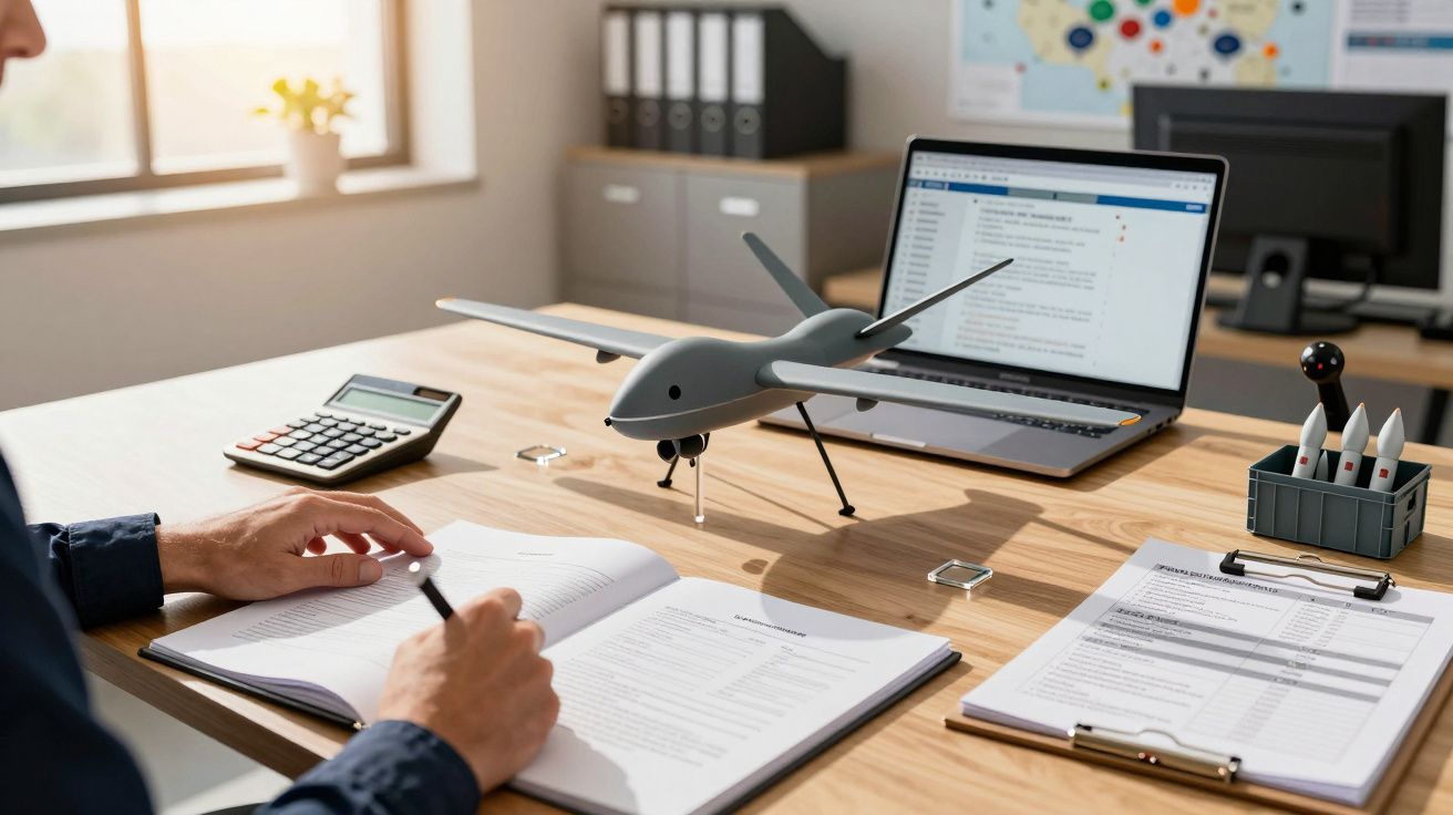 Homem a trabalhar em secretária, com maquete de drone, documentos, computador portátil, calculadora e canetas.