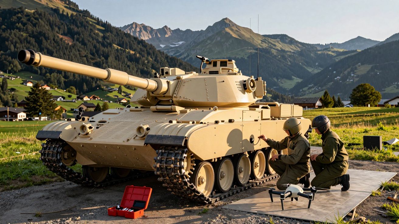 Dois soldados ao lado de um tanque militar em terreno montanhoso com um drone no chão.