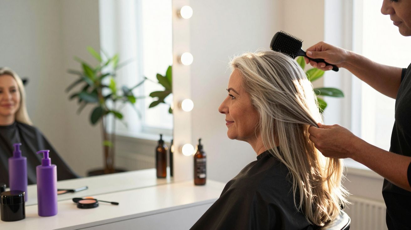 Mulher de cabelo grisalho a ser penteada por cabeleireiro em salão moderno com espelho grande.