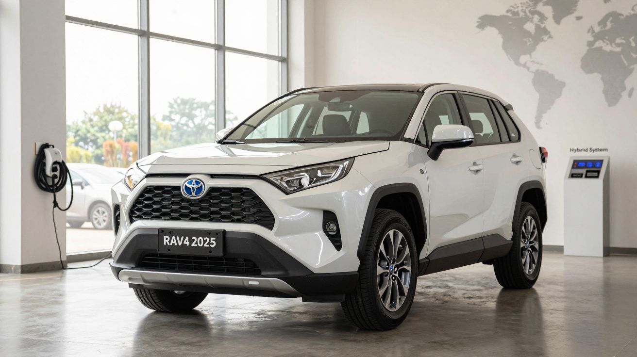 SUV Toyota RAV4 2025 branco num showroom, com janelas grandes ao fundo e um mapa mundial na parede direita.