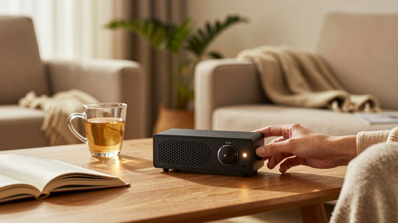 Sala de estar acolhedora com mesa, chávena de chá, livro aberto e mão ajustando coluna de som.