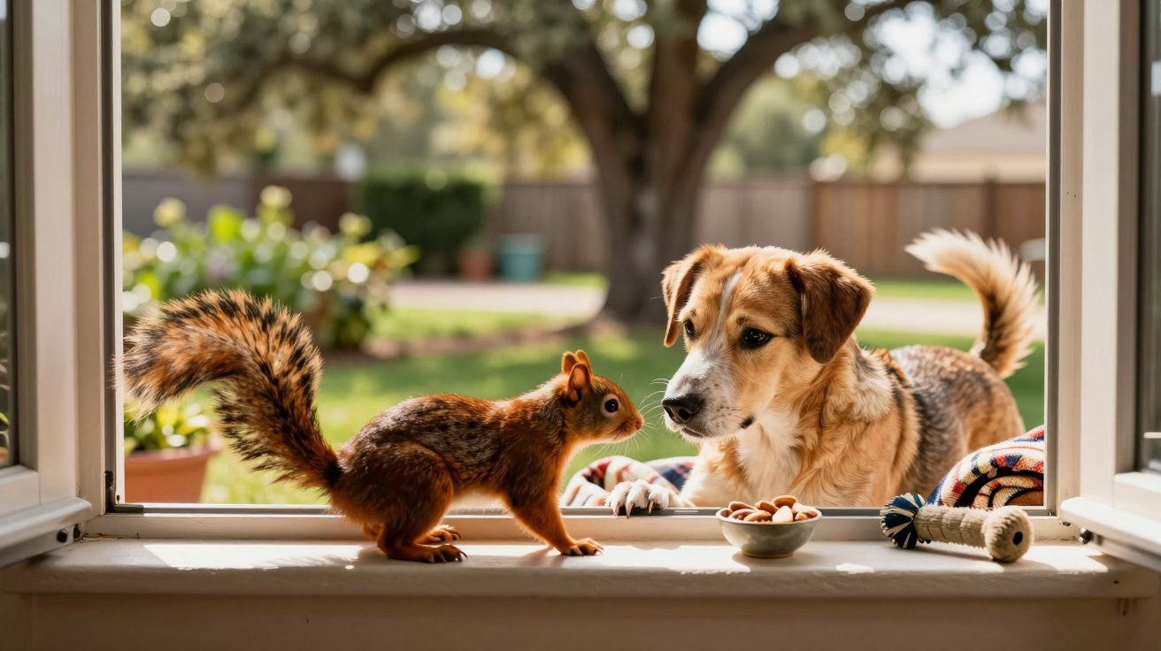 Cão e esquilo encontram-se numa janela aberta, com uma tigela de nozes ao lado, com um jardim ao fundo.