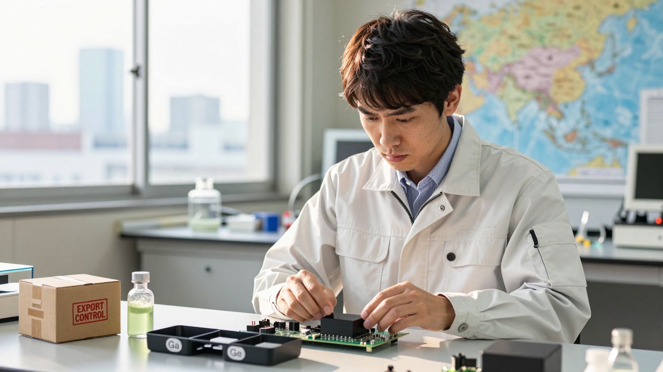 Homem de bata branca trabalha numa placa eletrônica em laboratório, com mapa e caixas ao fundo.