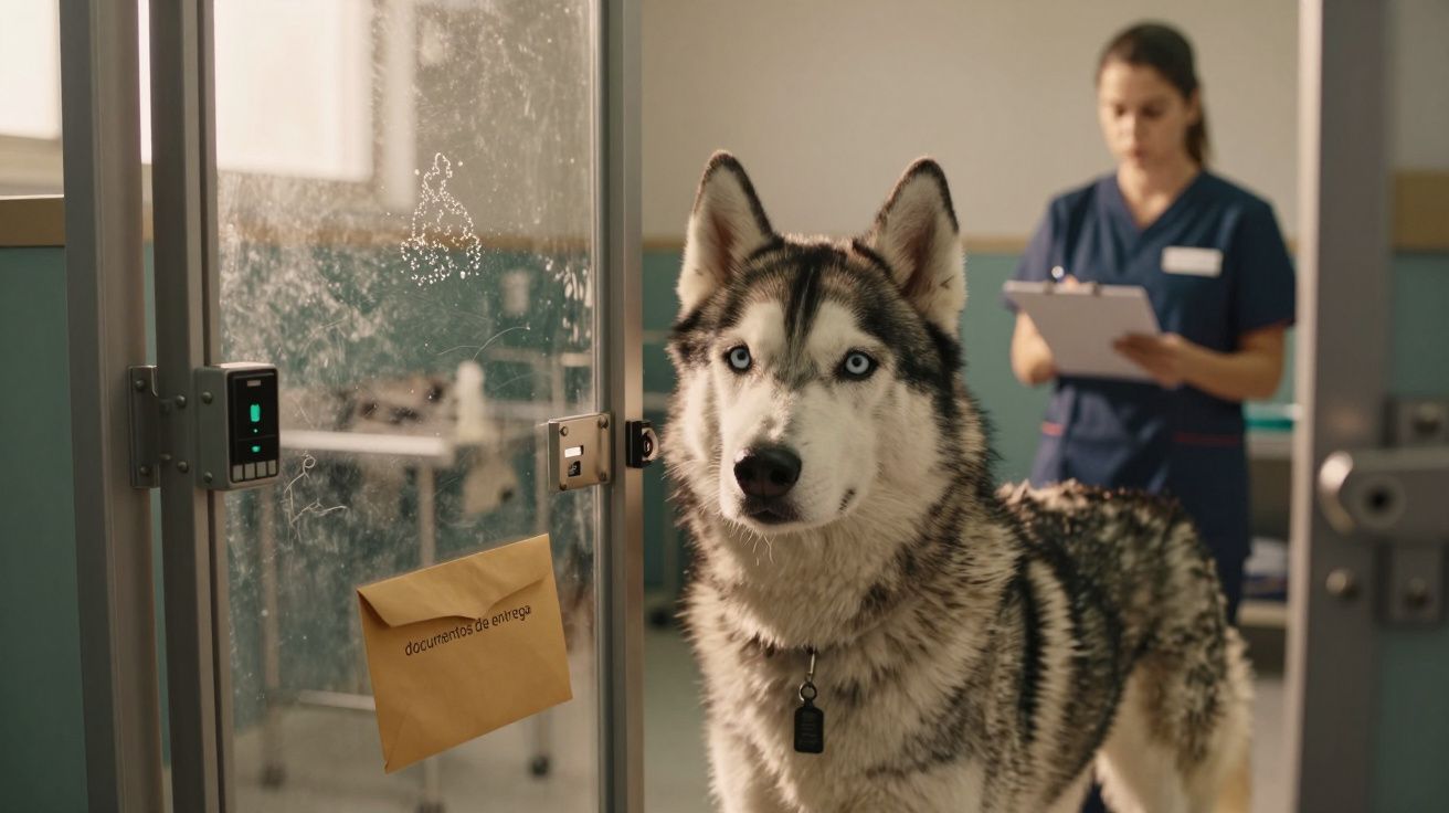 Husky observa numa clínica veterinária enquanto uma pessoa ao fundo escreve numa prancheta. Envelope na porta.