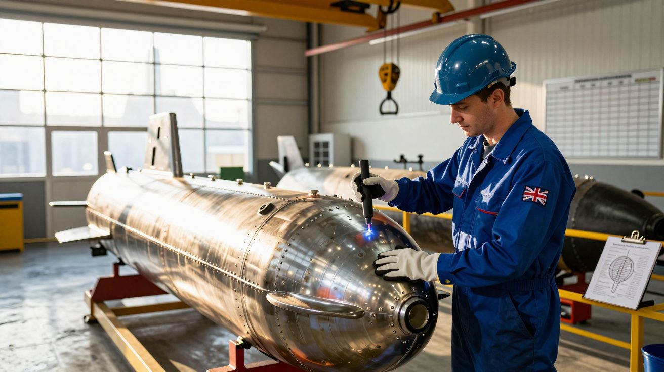 Engenheiro com capacete azul faz inspeção em robô submarino prateado dentro de uma oficina iluminada.