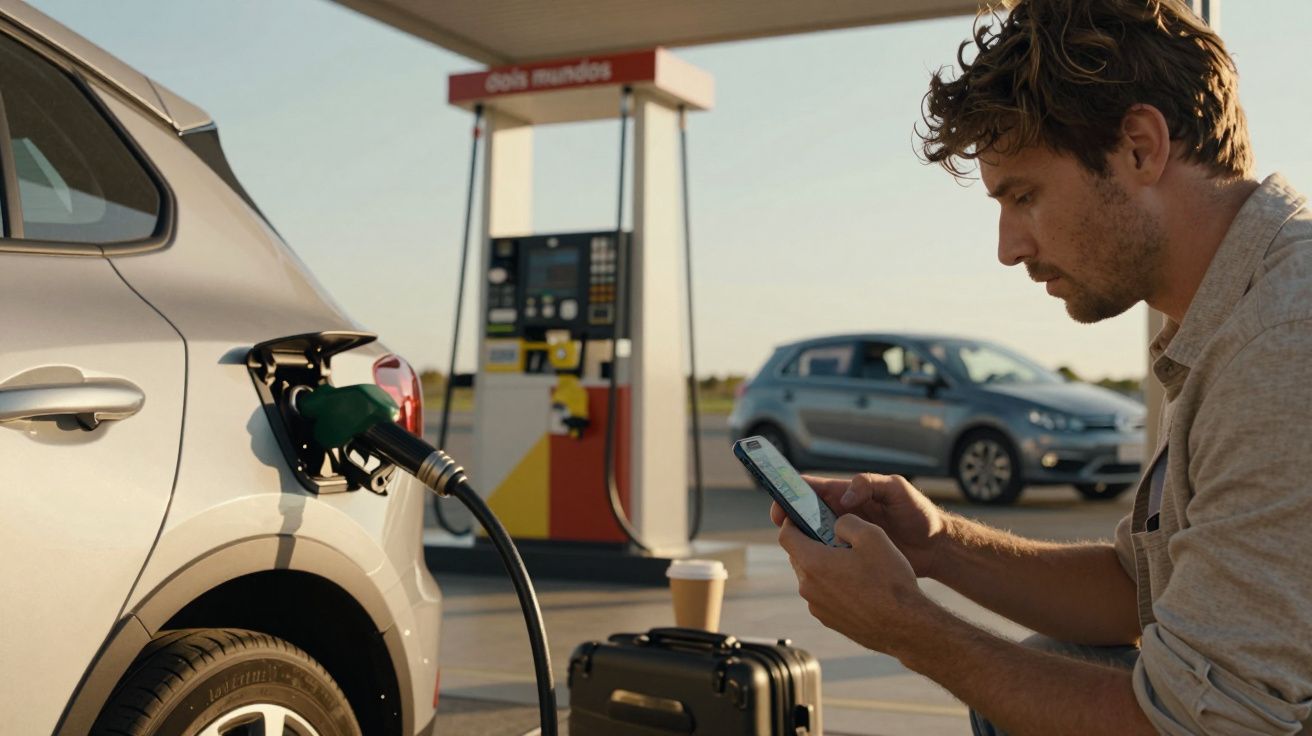 Homem com telemóvel ao lado de carro a abastecer num posto de combustível, com bagagem no chão.