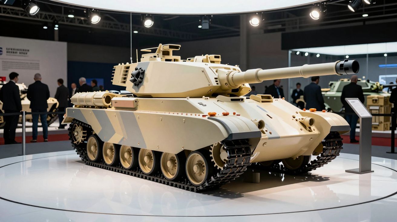 Tanque de guerra exibido em feira, cercado por visitantes e luzes de exposição.
