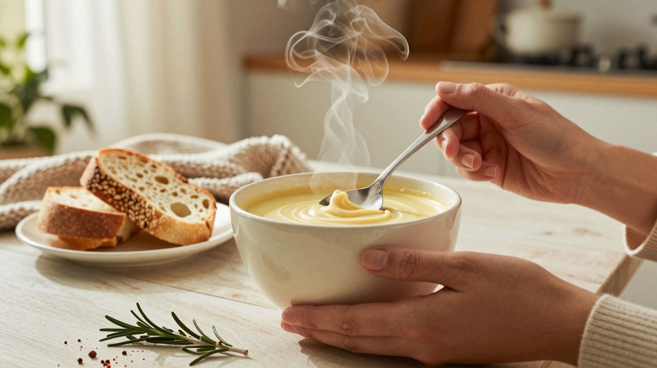 Pessoa segurando uma tigela de sopa cremosa com vapor, ao lado de fatias de pão numa mesa de madeira.
