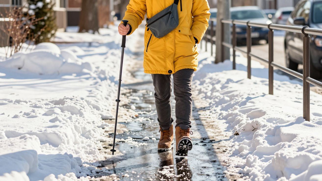 Pessoa com casaco amarelo e bengala a caminhar na neve numa rua ensolarada.