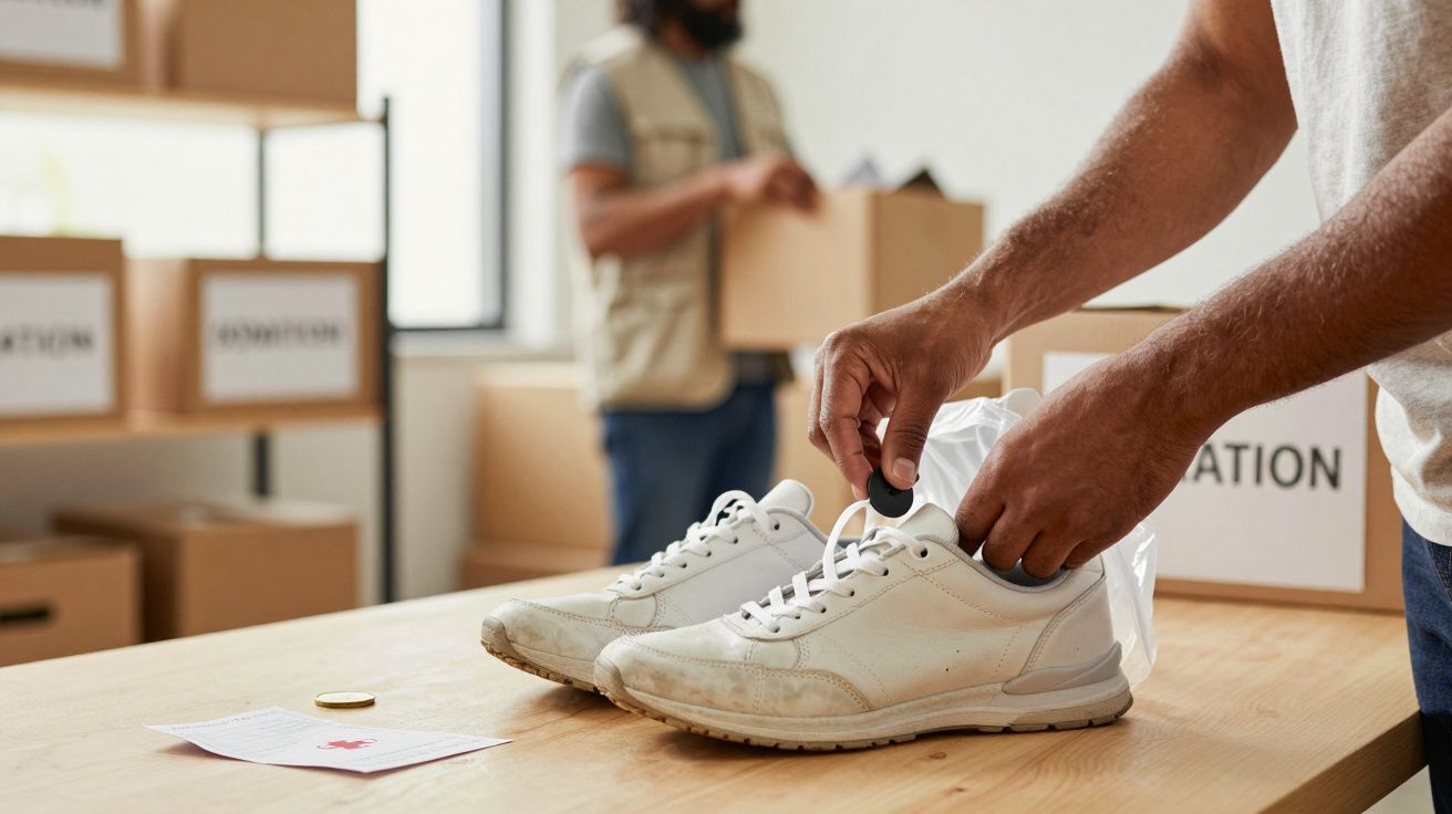 Homem embala ténis brancos numa mesa, com caixas de doação ao fundo.