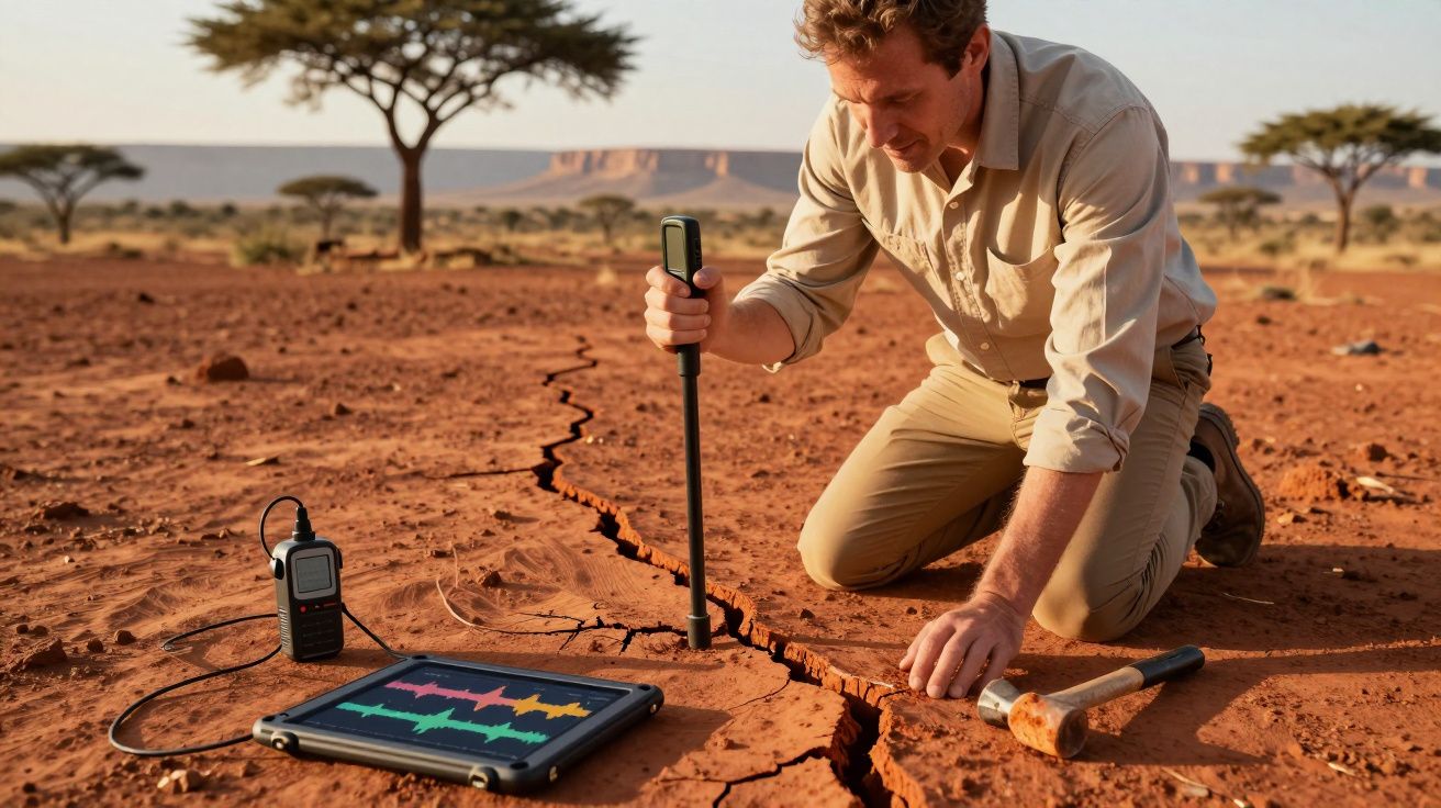 Homem analisa solo desértico com equipamento sismográfico portátil, vê-se tablet e ferramentas ao seu lado.