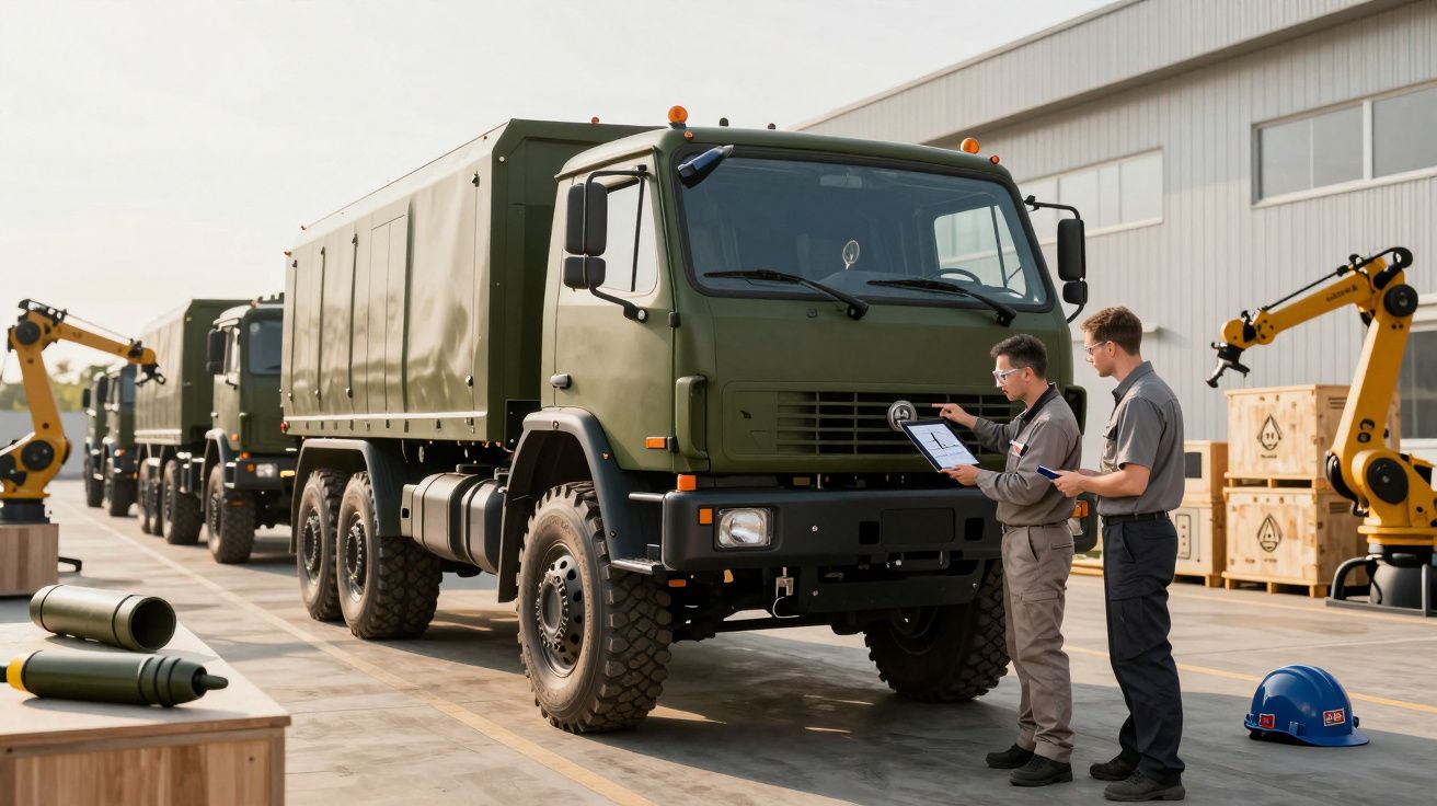 Dois homens analisam um camião militar verde num parque industrial com robôs e contentores ao fundo.