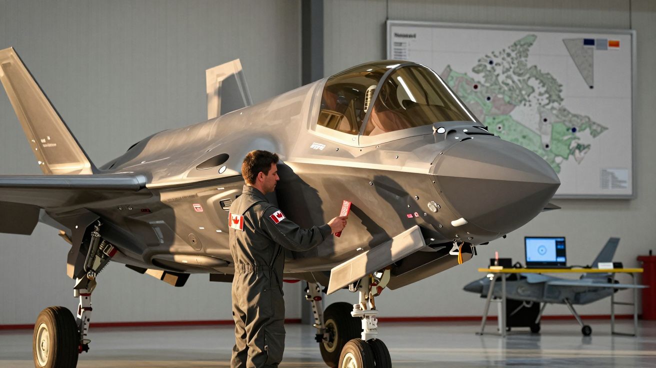 Homem de uniforme ao lado de um caça num hangar, segurando um cartão vermelho, com um mapa na parede ao fundo.