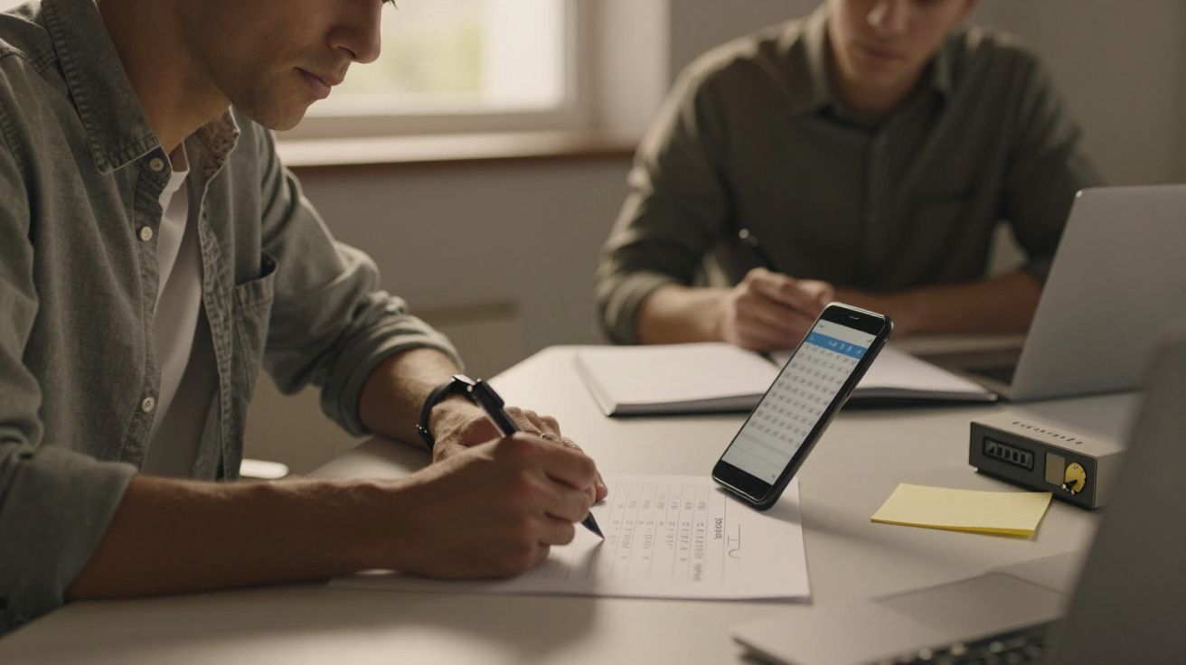 Dois homens a trabalhar num escritório, escrevendo em papéis com um telemóvel de pé num suporte, mostrando um calendário.