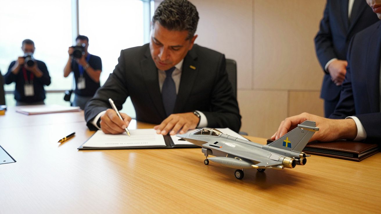 Homem a assinar documento numa mesa com um modelo de avião ao lado, enquanto duas pessoas tiram fotos ao fundo.