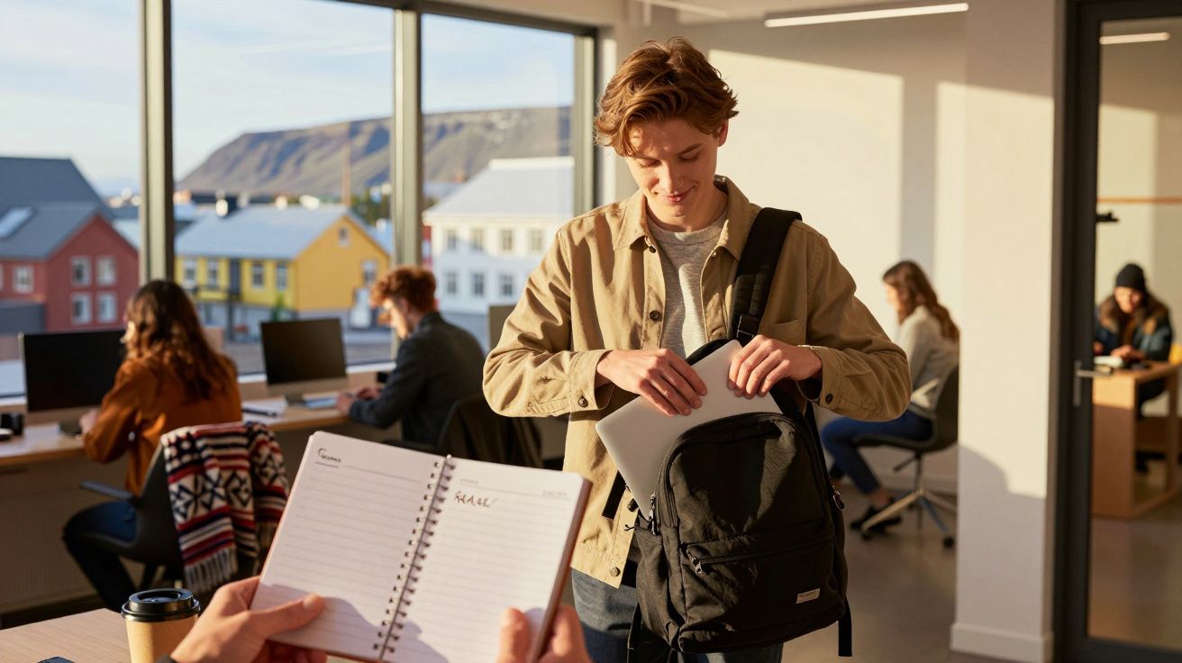 Jovem com mochila arruma caderno numa sala com várias pessoas estudando em frente a computadores, com janelas ao fundo.