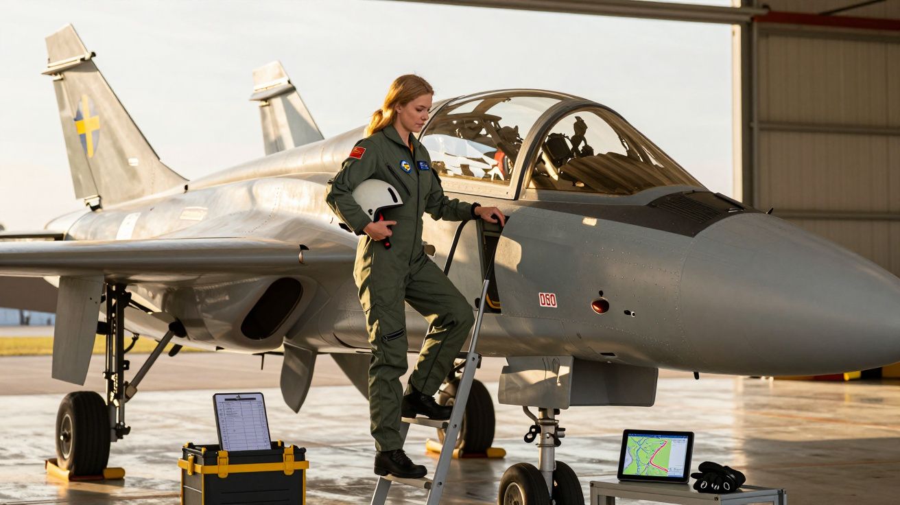 Piloto de caça em uniforme desce escada do cockpit de um avião militar em hangar. Equipamento de comunicação visível.